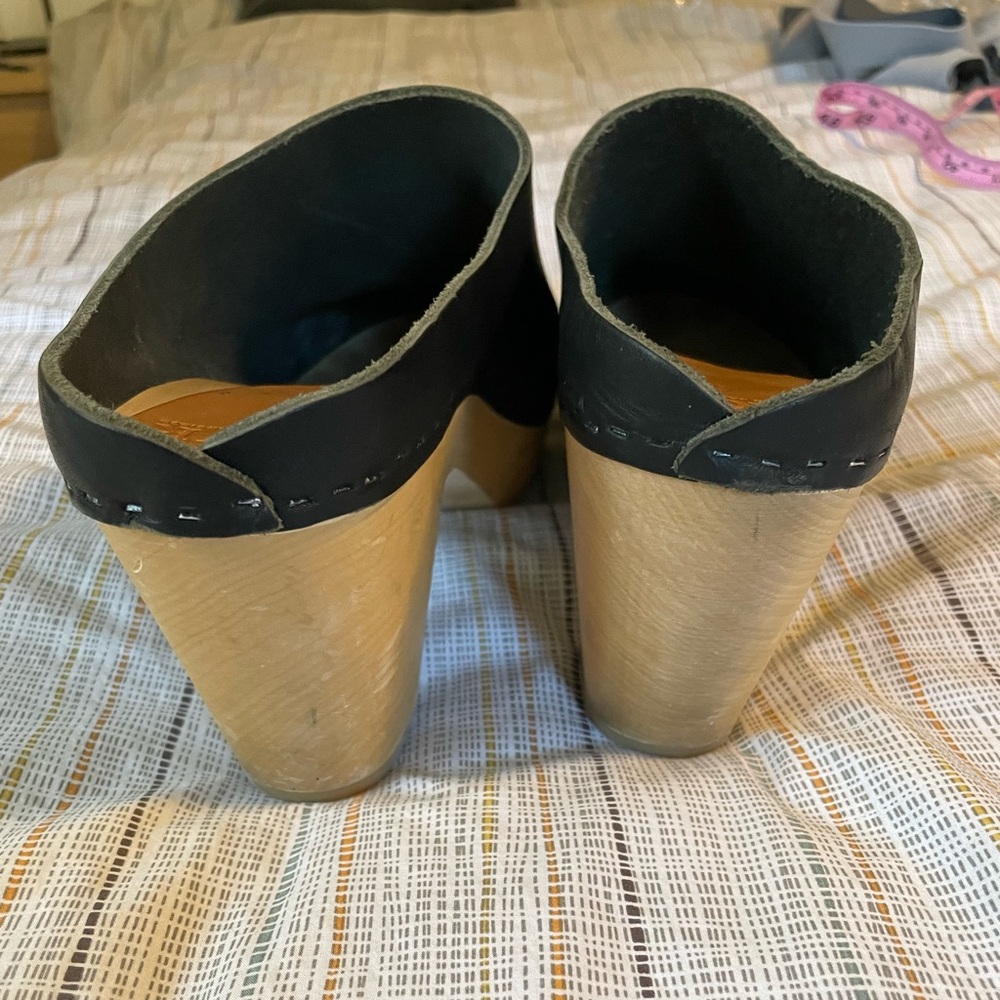 Bryr Black Leather Mule Clogs with Natural Wood Heel - Picture 7 of 10